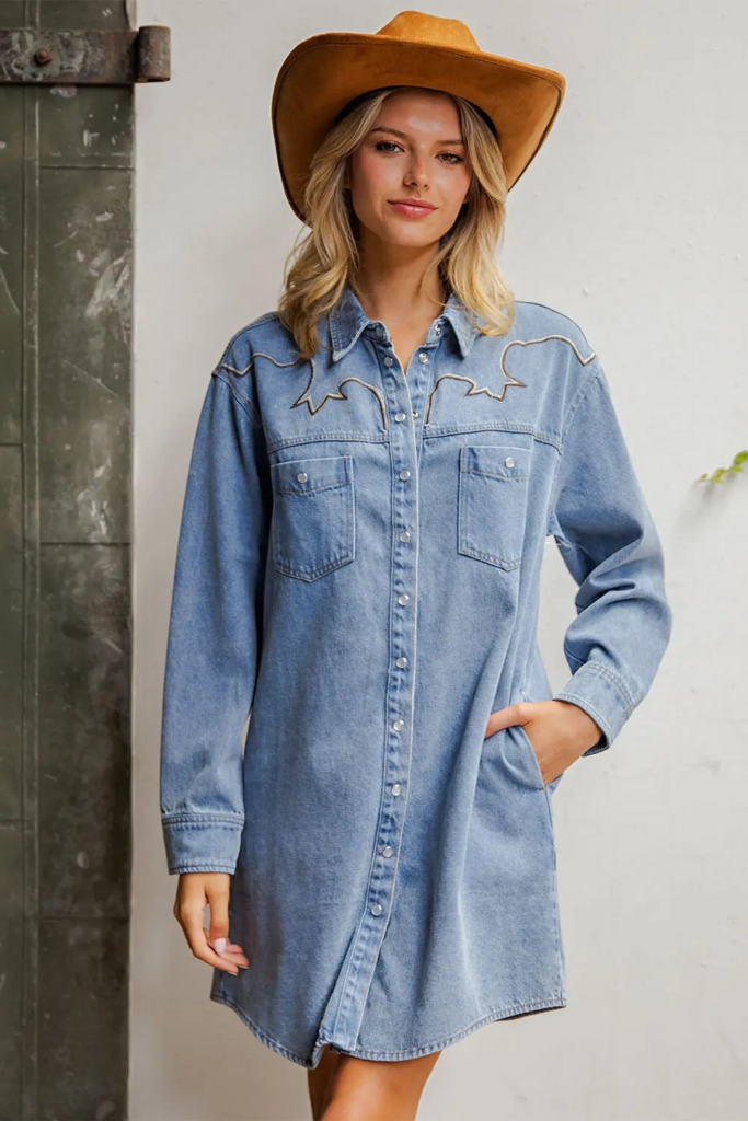denim mineral washed embroidered mini dress