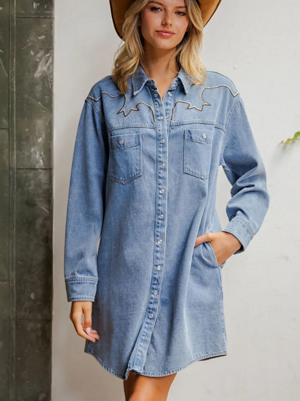 denim mineral washed embroidered mini dress