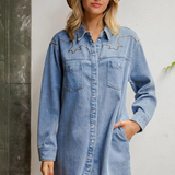 denim mineral washed embroidered mini dress