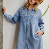 denim mineral washed embroidered mini dress