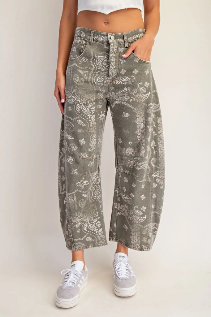 vintage army paisley printed barrel jeans