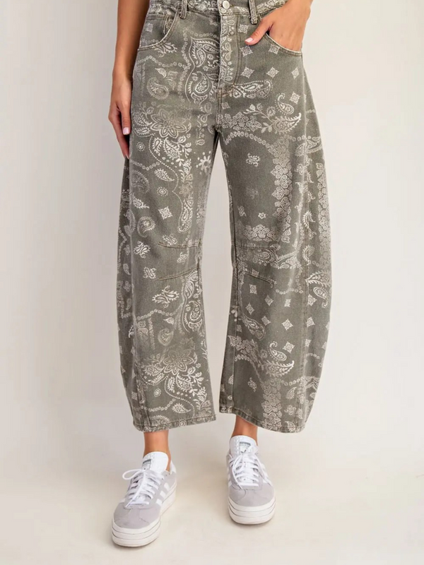 vintage army paisley printed barrel jeans