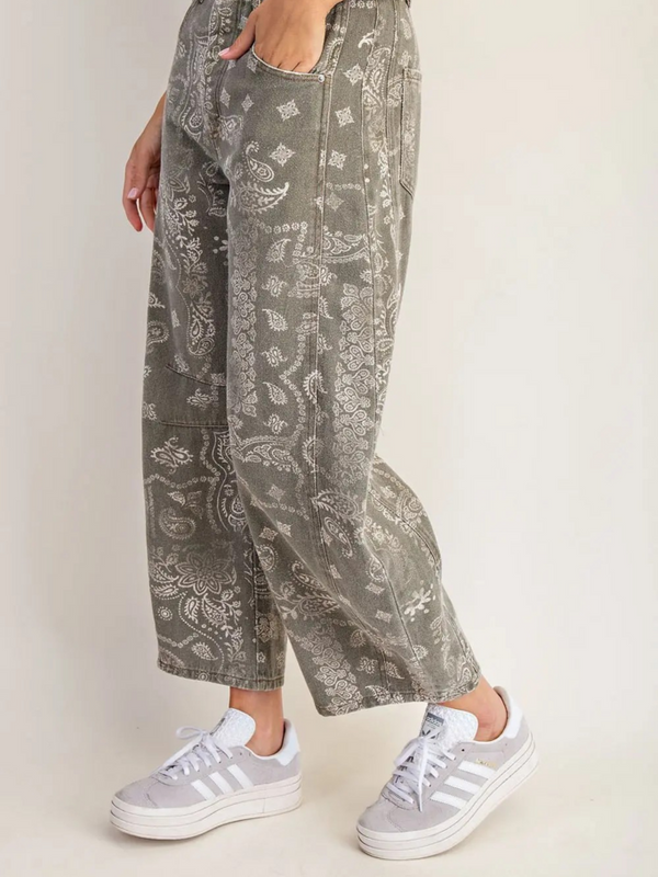 vintage army paisley printed barrel jeans