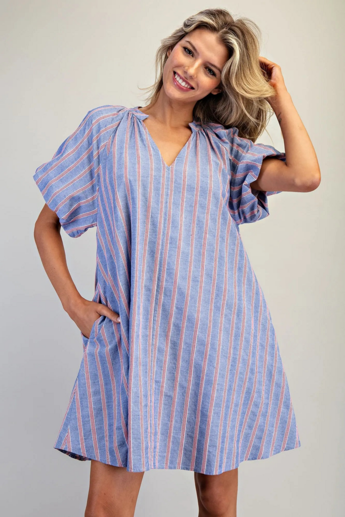 cobalt cherry V-neck striped puff sleeve mini dress
