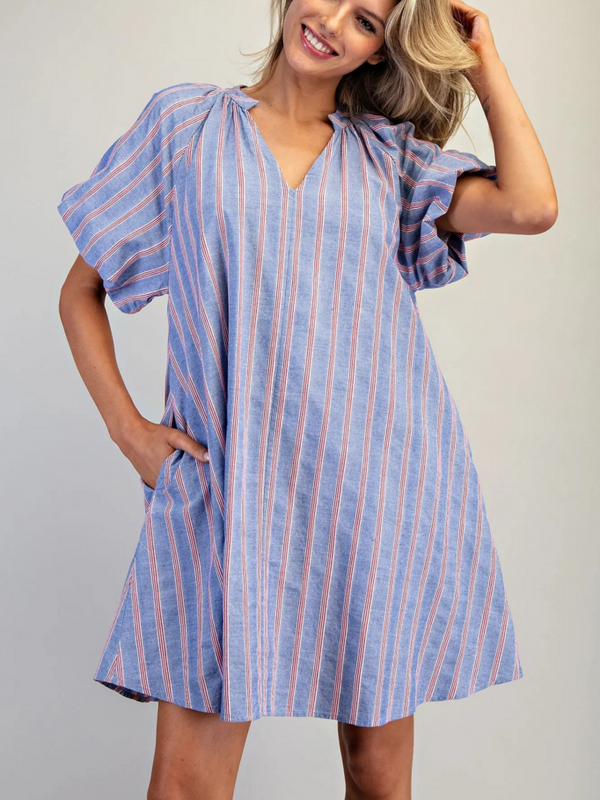 cobalt cherry V-neck striped puff sleeve mini dress