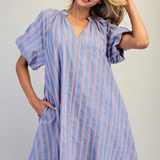 cobalt cherry V-neck striped puff sleeve mini dress