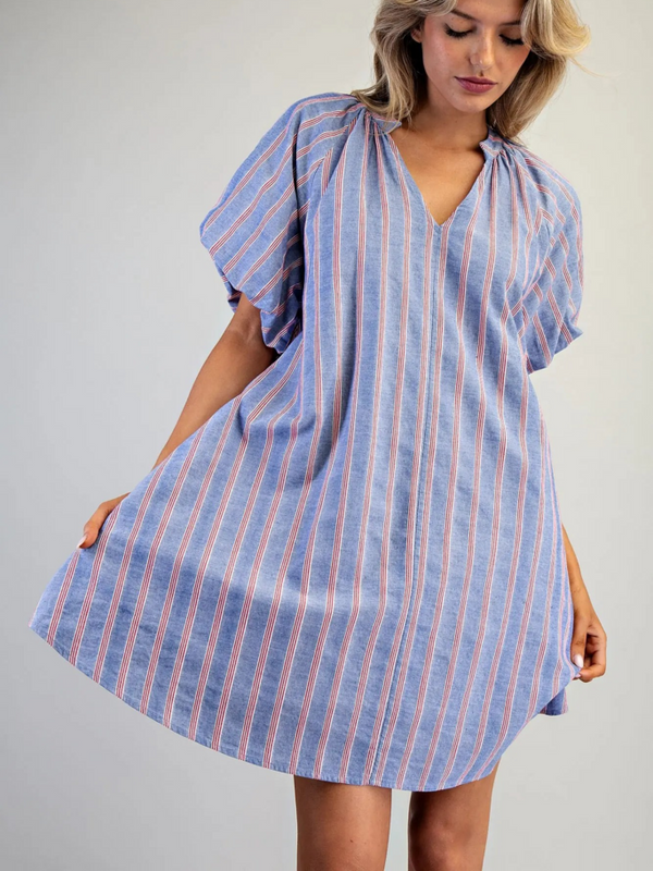 cobalt cherry V-neck striped puff sleeve mini dress