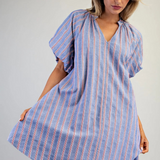 cobalt cherry V-neck striped puff sleeve mini dress