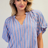 cobalt cherry V-neck striped puff sleeve mini dress