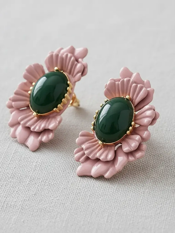 Retro Oval Glass Bead Flower Earrings