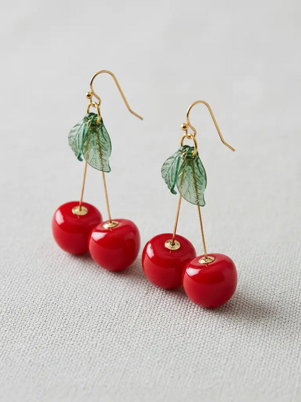 Cherry Resin Leaf Drop Earrings