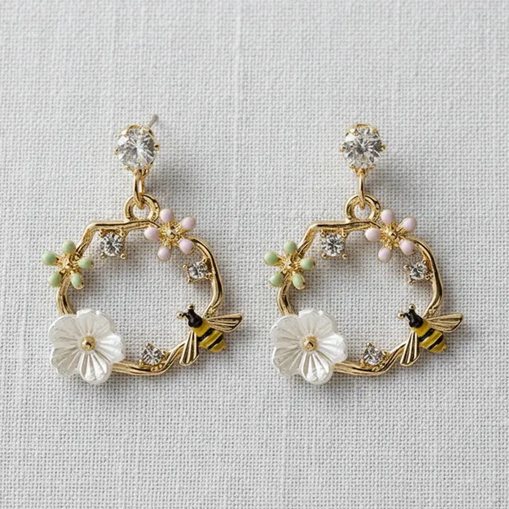 Bee and Floral Wreath Earrings