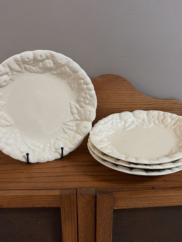 set of four white fruit border plates