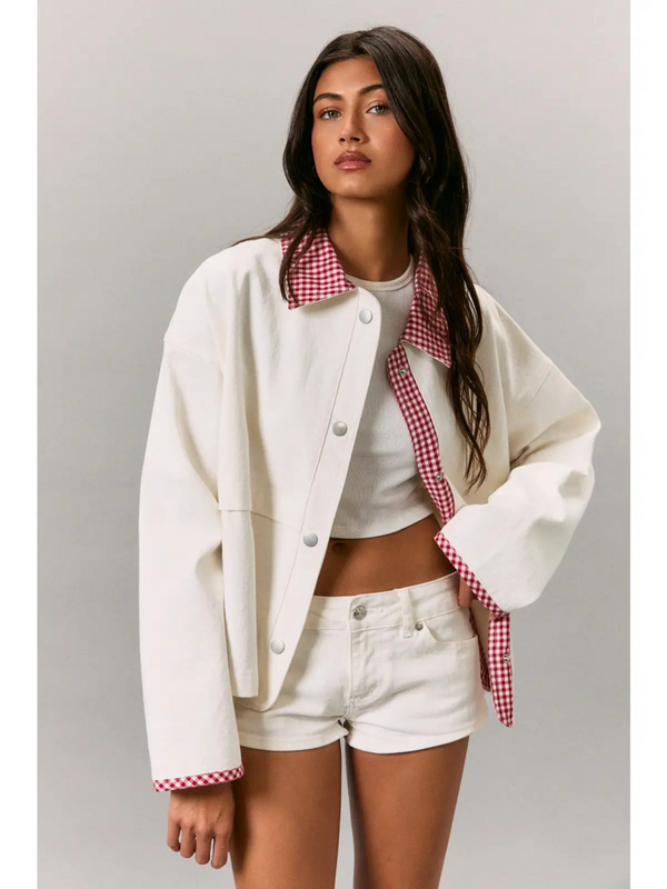 white and red gingham contrast jacket