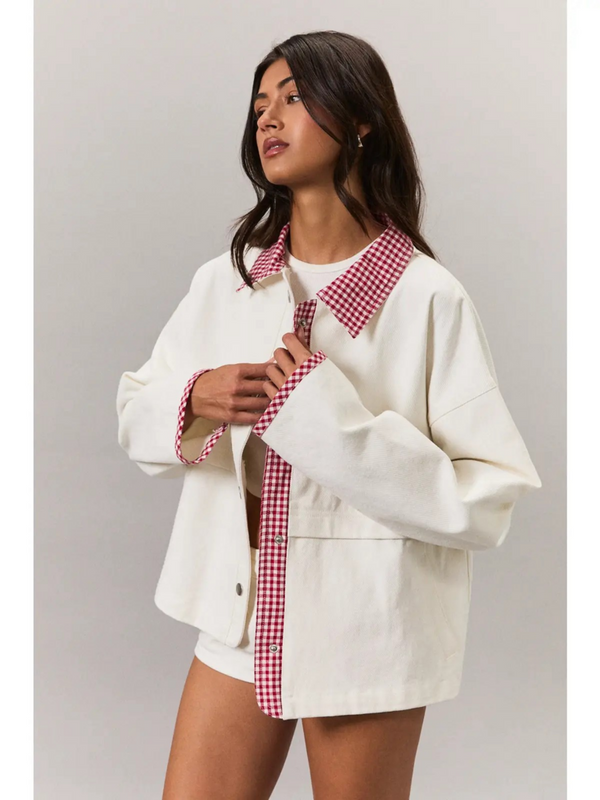 white and red gingham contrast jacket