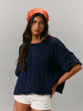 navy round neck short sleeve knit sweater