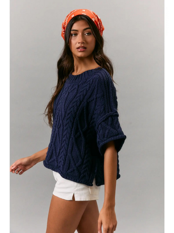 navy round neck short sleeve knit sweater