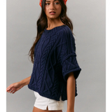 navy round neck short sleeve knit sweater