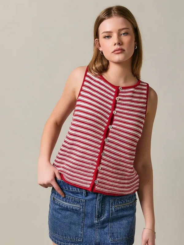 red and cream stripe sleeveless boat neck button front crochet effect top