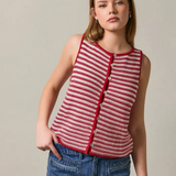 red and cream stripe sleeveless boat neck button front crochet effect top