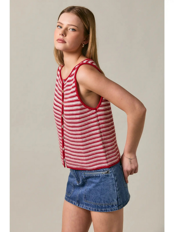red and cream stripe sleeveless boat neck button front crochet effect top