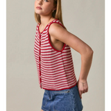 red and cream stripe sleeveless boat neck button front crochet effect top