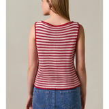red and cream stripe sleeveless boat neck button front crochet effect top