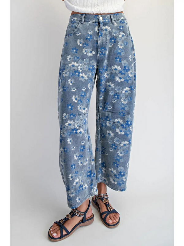 denim floral barrel jeans