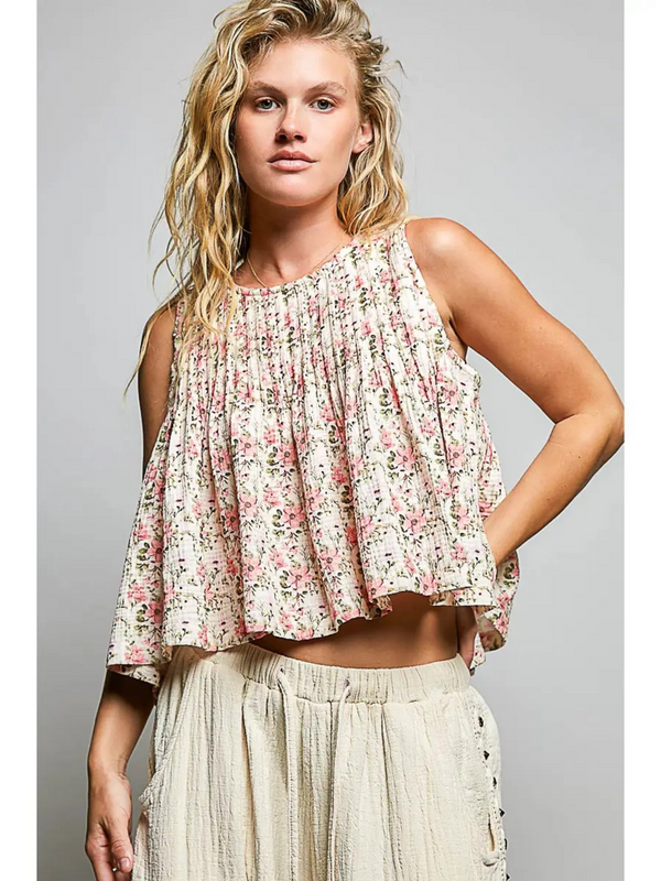 natural & pink floral round neck sleeveless top