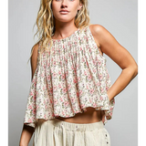 natural & pink floral round neck sleeveless top