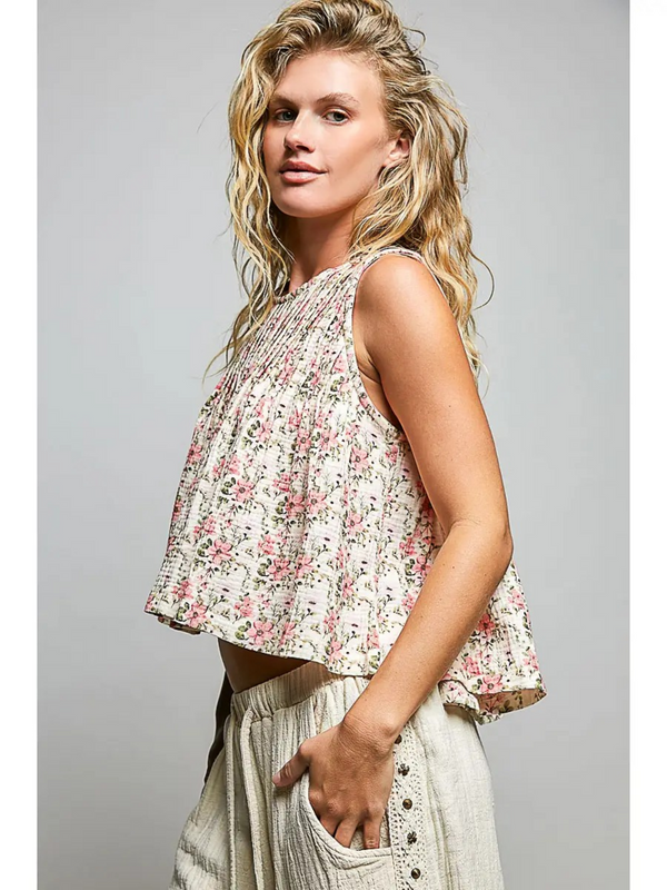 natural & pink floral round neck sleeveless top