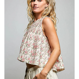natural & pink floral round neck sleeveless top