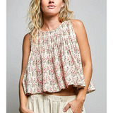natural & pink floral round neck sleeveless top