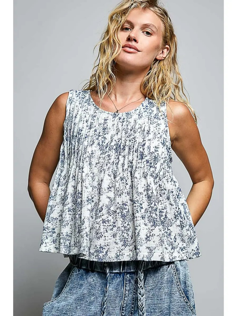 navy floral round neck sleeveless top