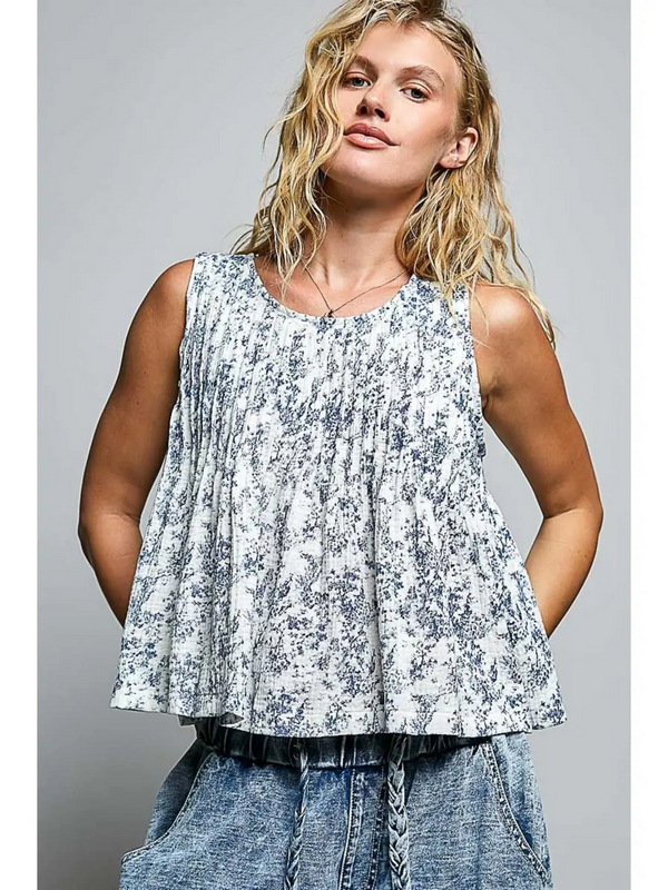 navy floral round neck sleeveless top