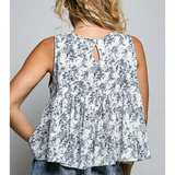 navy floral round neck sleeveless top