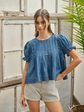 denim short sleeve A line pleated top