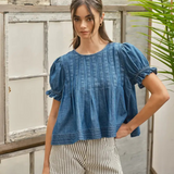 denim short sleeve A line pleated top