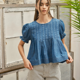 denim short sleeve A line pleated top