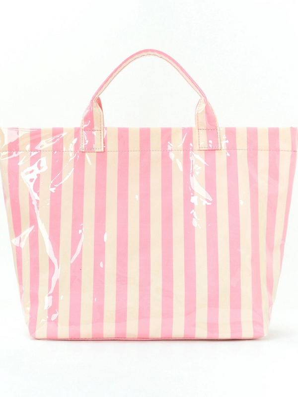 pink color block striped waterproof tote bag