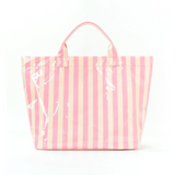 pink color block striped waterproof tote bag