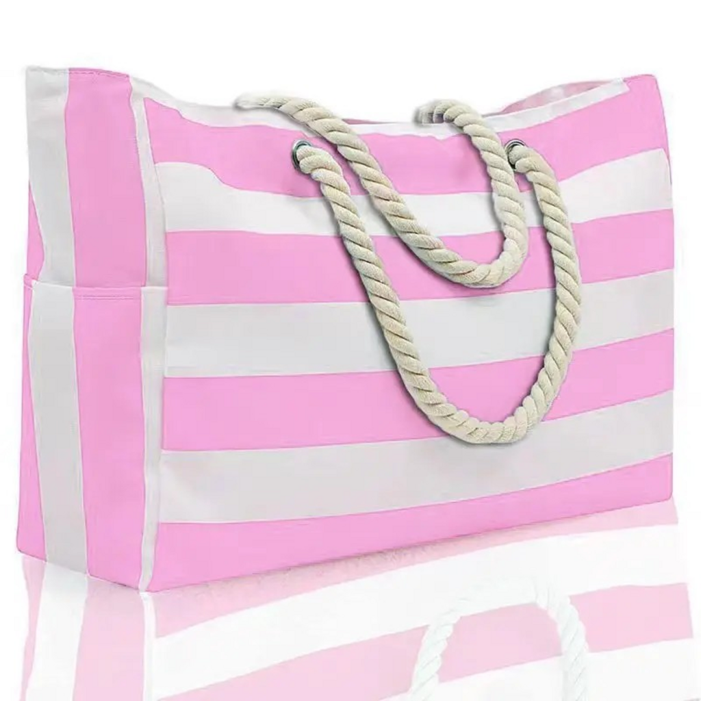 large pink striped tote bag