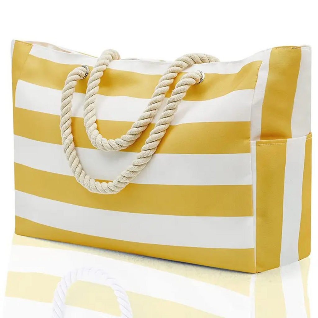 large striped yellow tote bag
