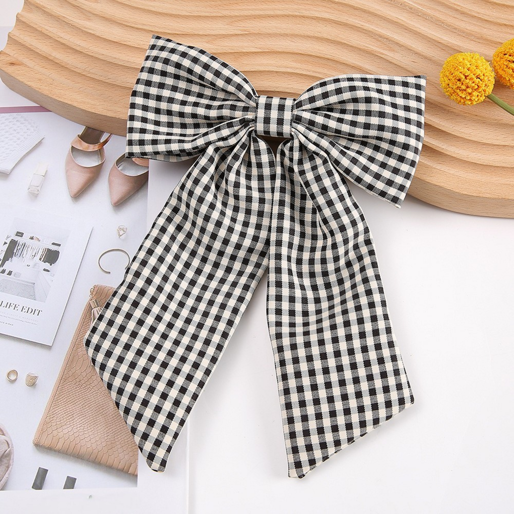 black plaid bow hair clip