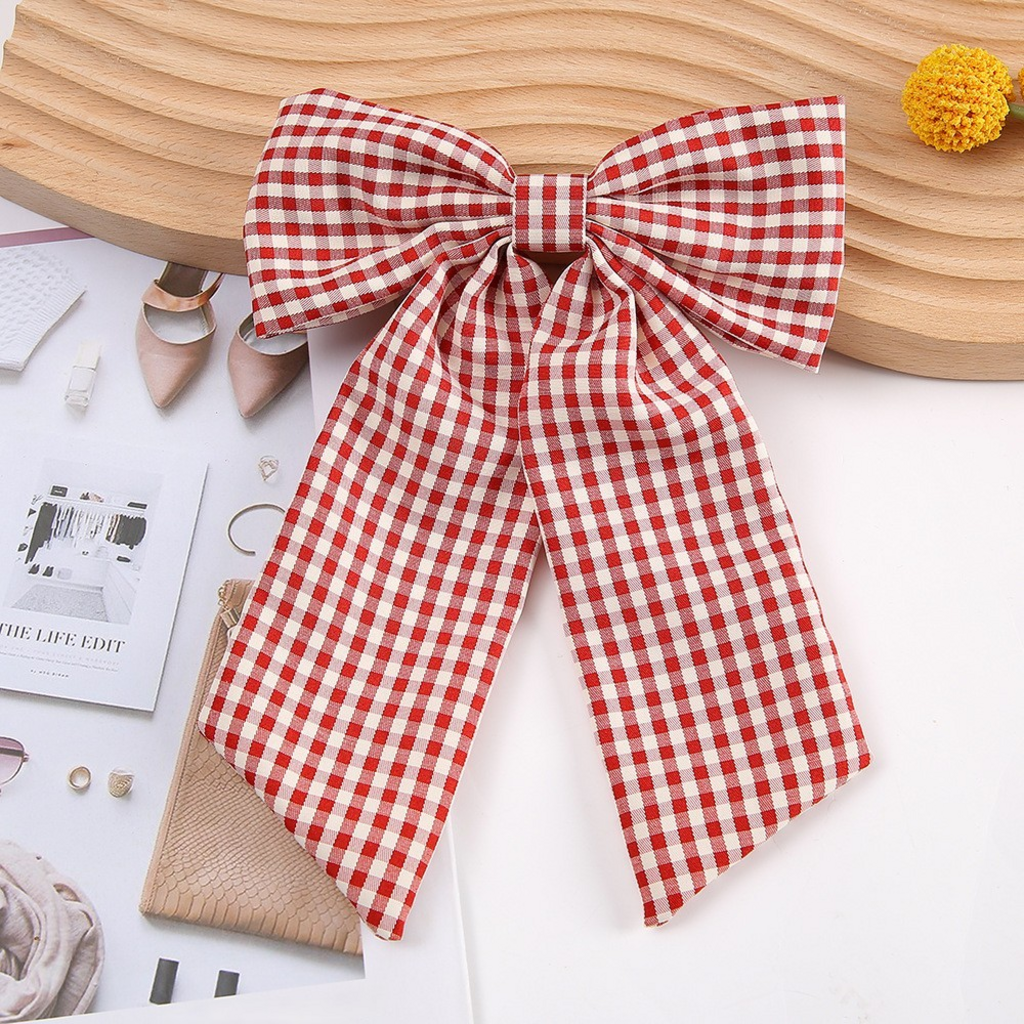 red plaid bow hair clip