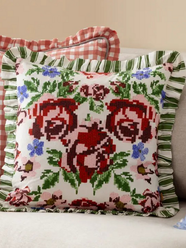 Ruffled Willow Green Cotton Cushion