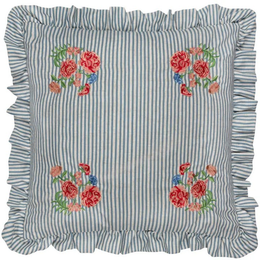 Blue Floral embroidered Ruffle Cushion