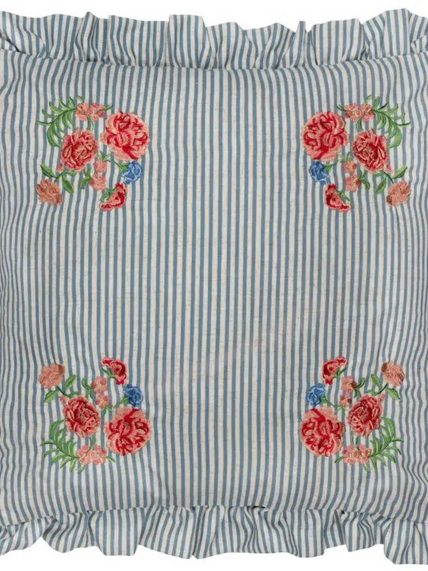 Blue Floral embroidered Ruffle Cushion