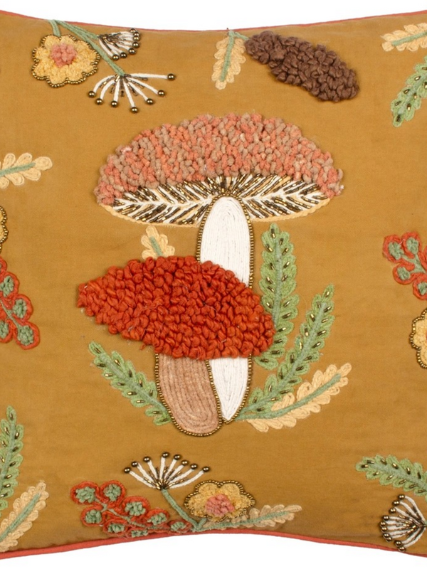 Mushroom Dell Embroidered Cotton Cushion