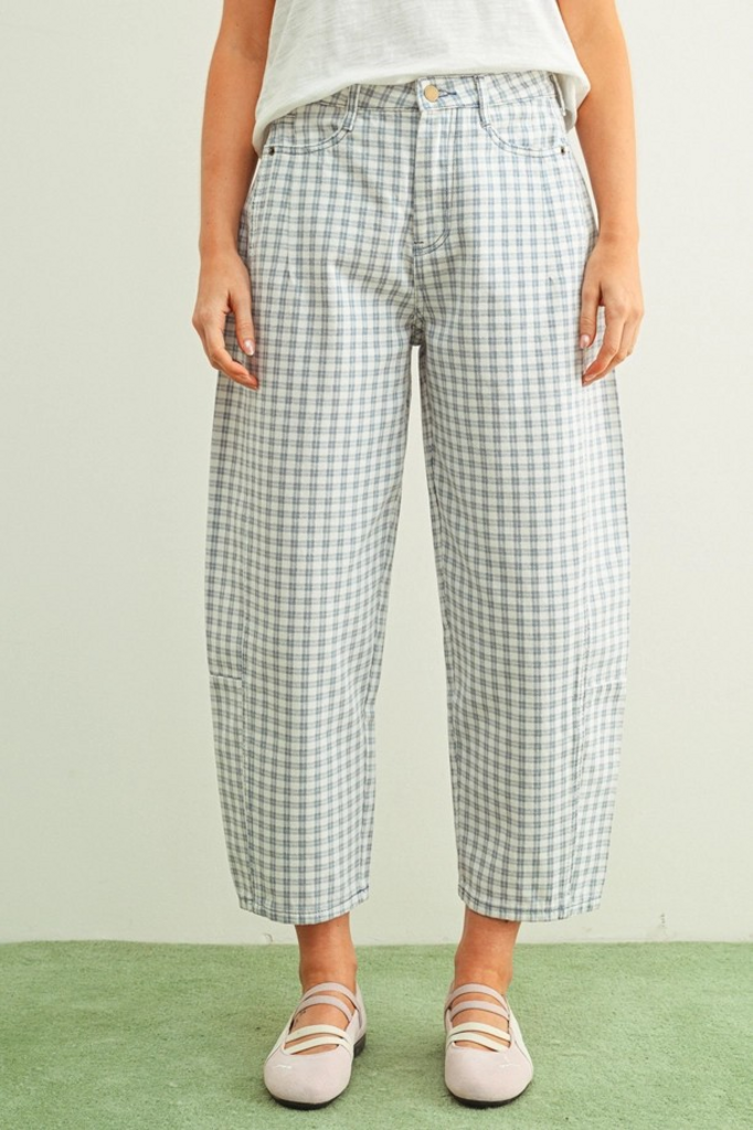 blue mini checker pattern barrel pants